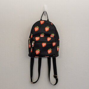 Like Dreams Mini Backpack Purse Black Strawberry Print Gold Zip Pockets